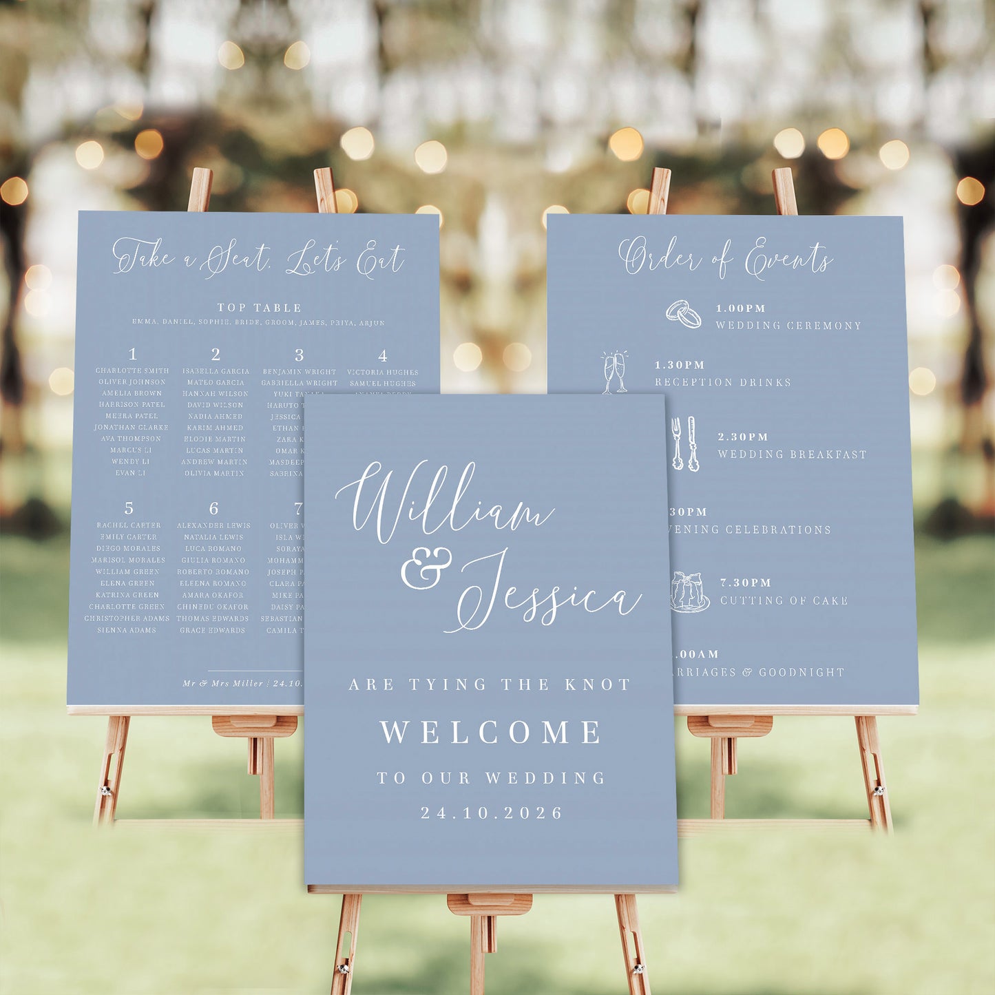 dusty blue wedding signs welcome sign table plan order of events