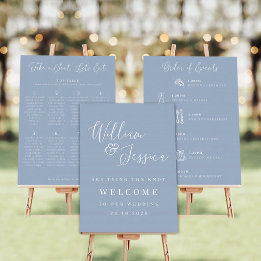 dusty blue wedding signs welcome sign table plan order of events