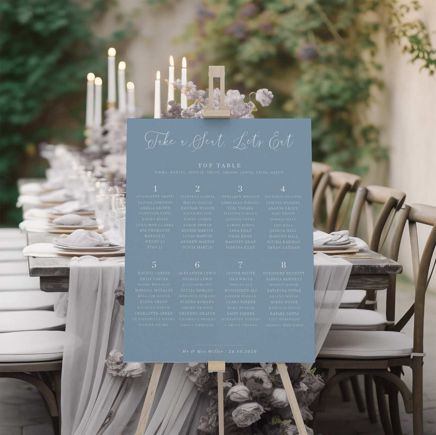 dusty blue wedding table plan sign