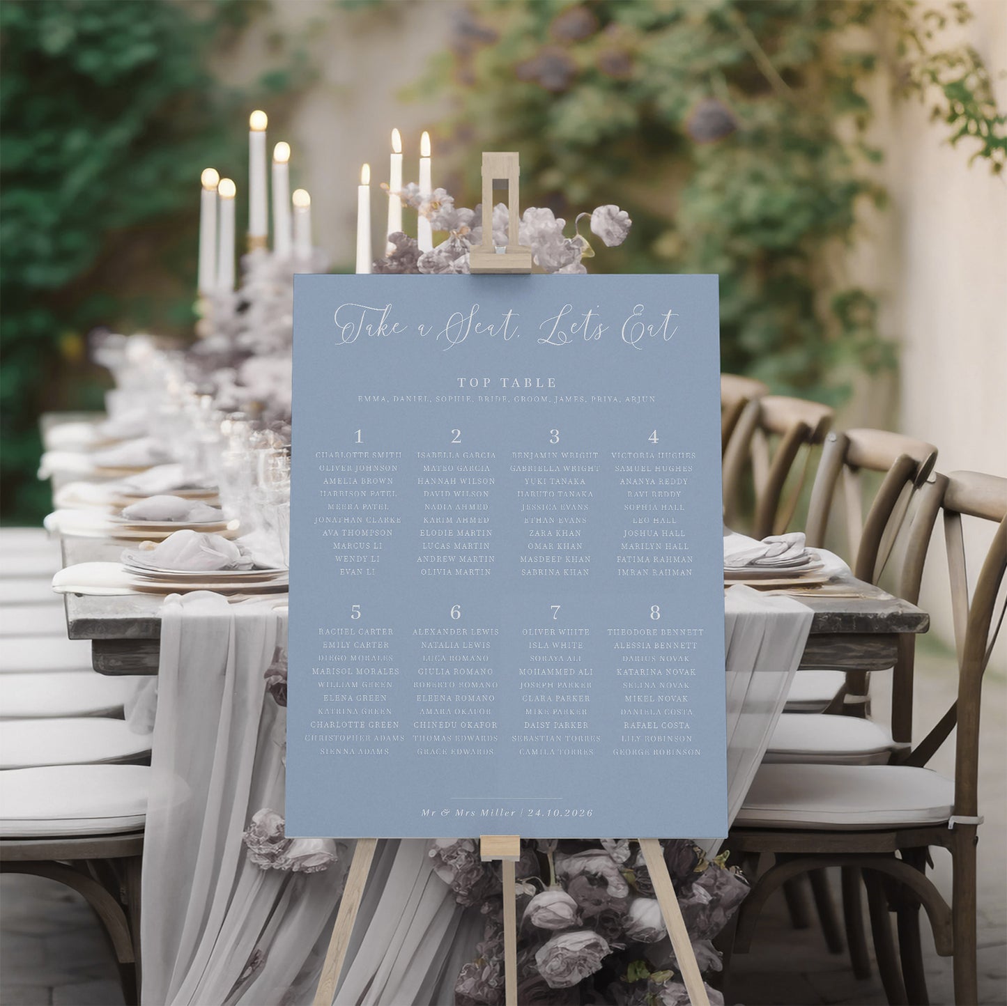 dusty blue table plan wedding sign