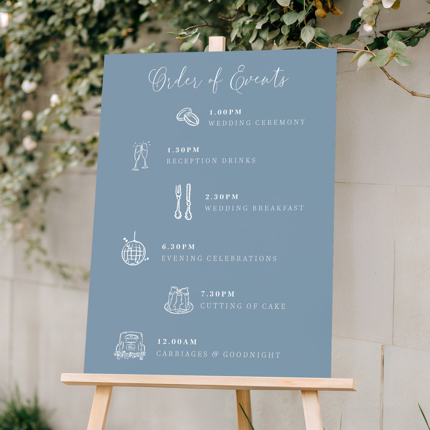 dusty blue wedding order of events sign