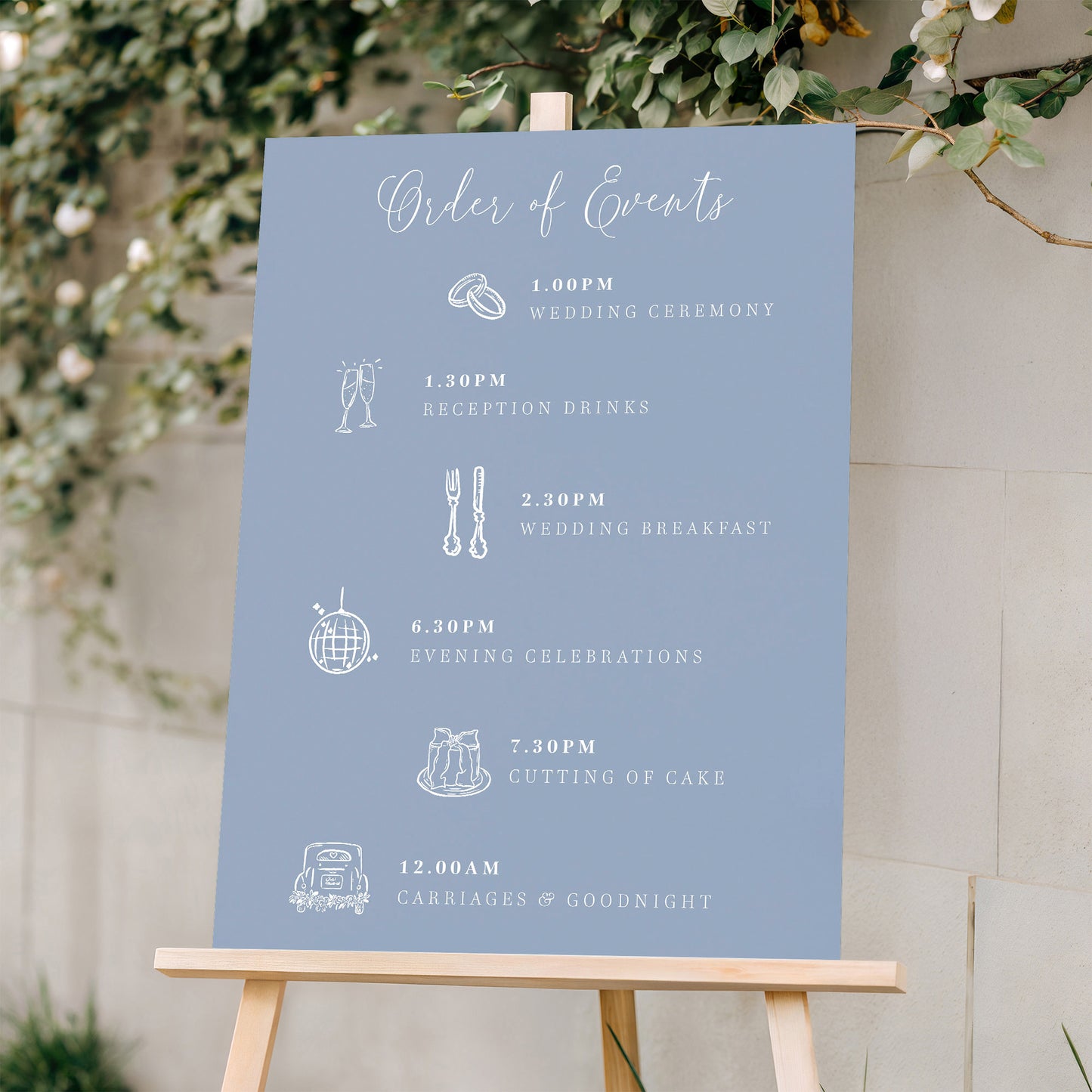 dusty blue wedding order of events sign