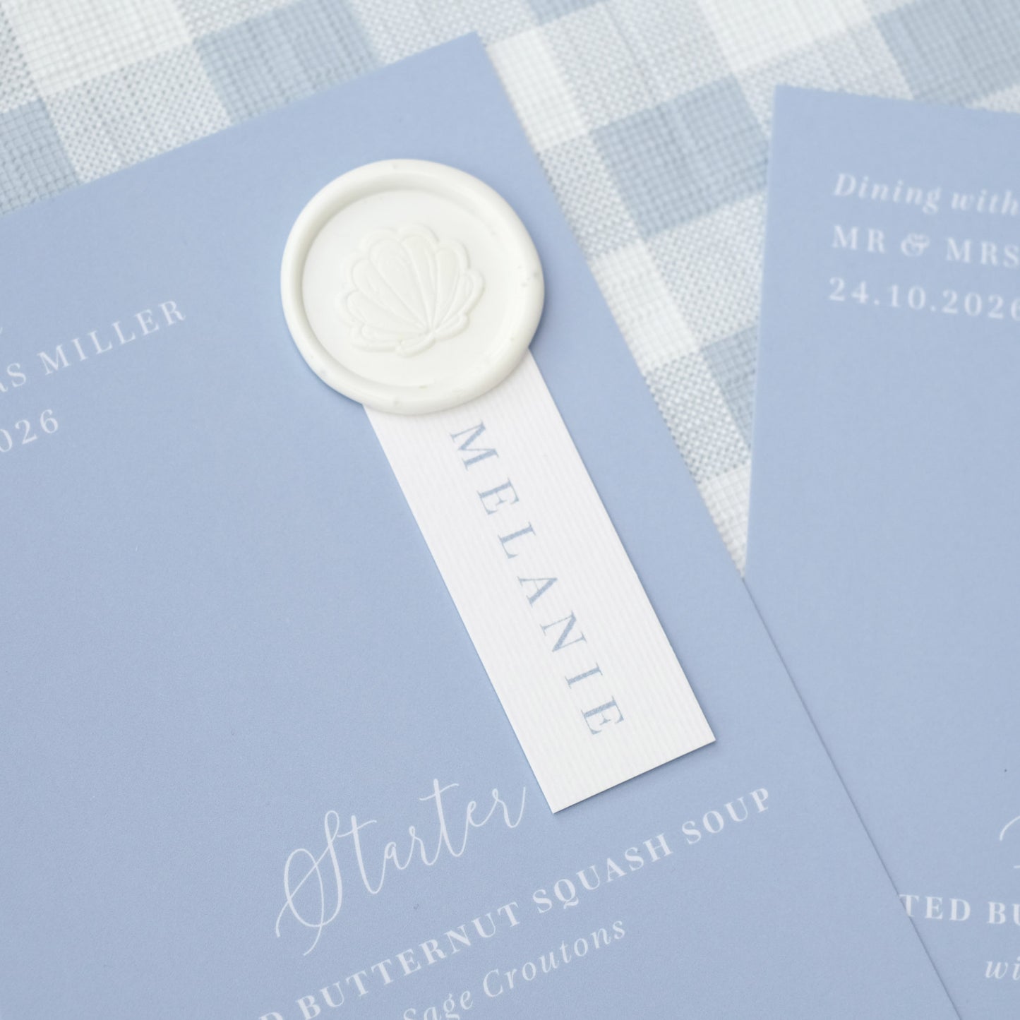 wedding menu personalised with guest name dusty blue