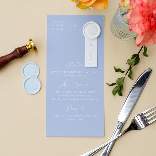 wedding menu keepsake with guest name dusty blue