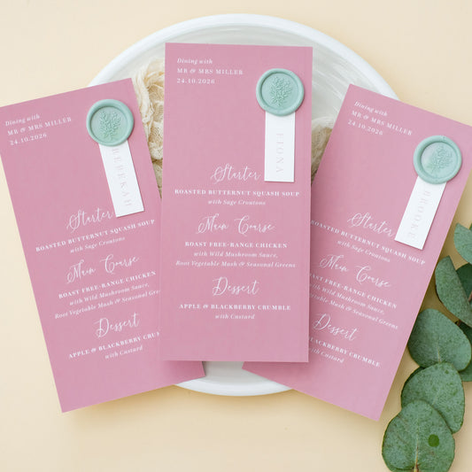 dusty rose pink wedding menu keepsake with guest name