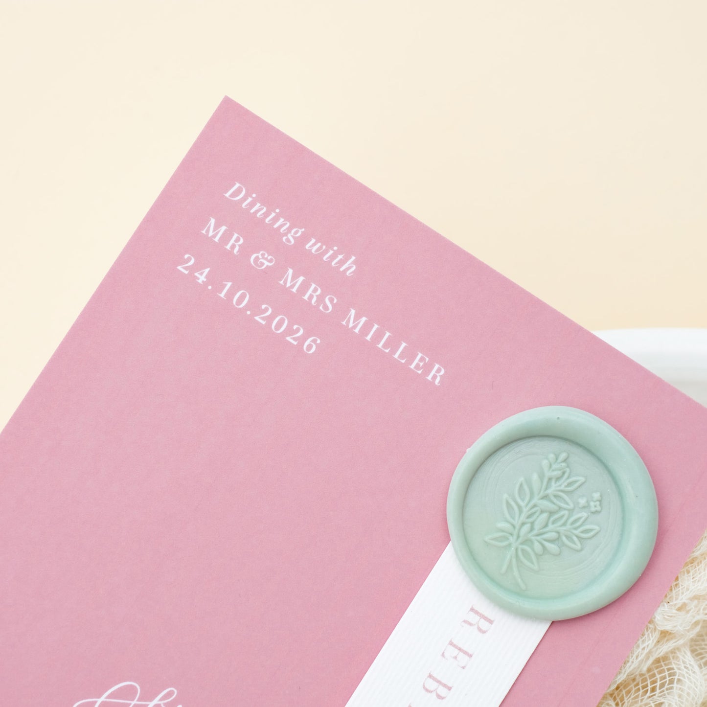 dusty rose wedding menu keepsake with guest name