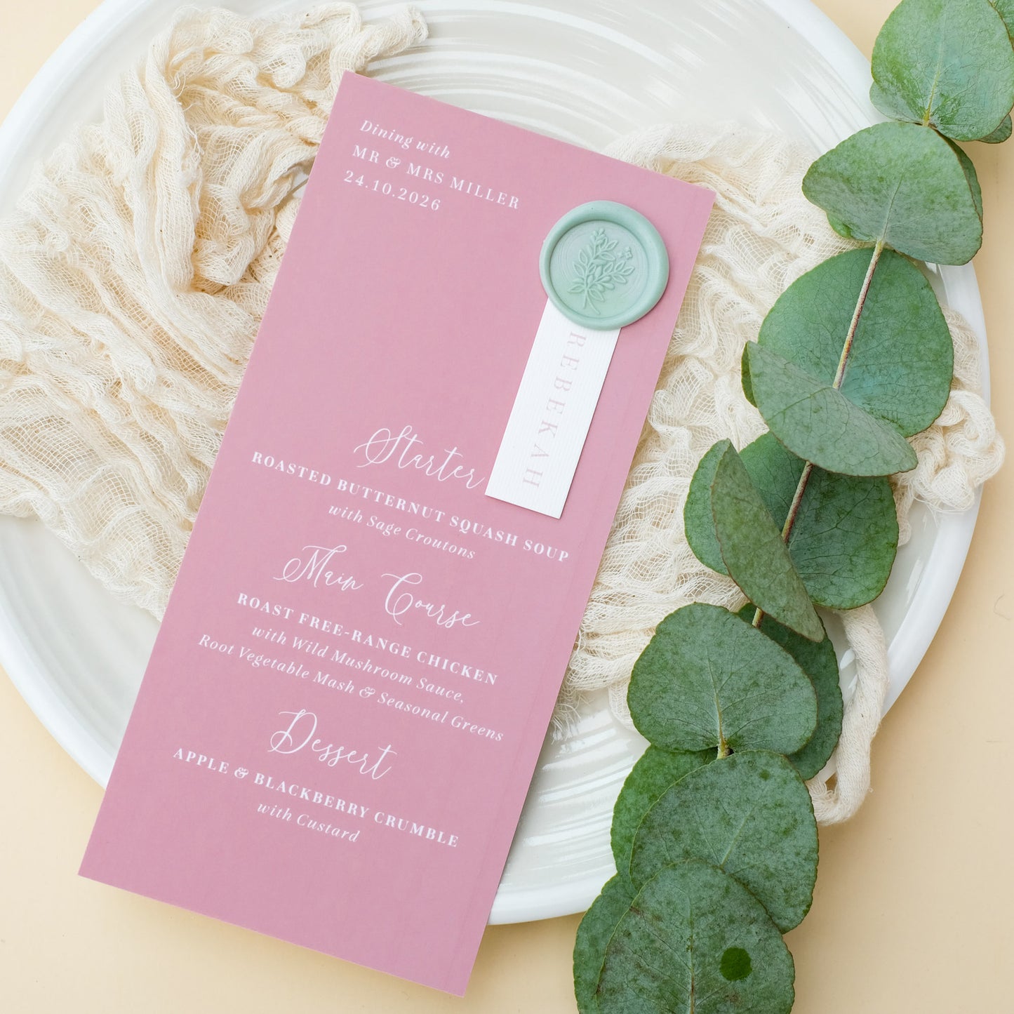 dusty rose wedding menu with guest name