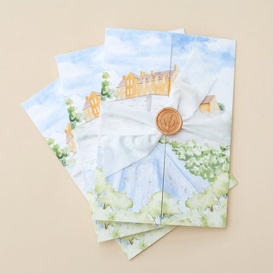 Wedding invitation with watercolour illustration of Edinburgh Castle