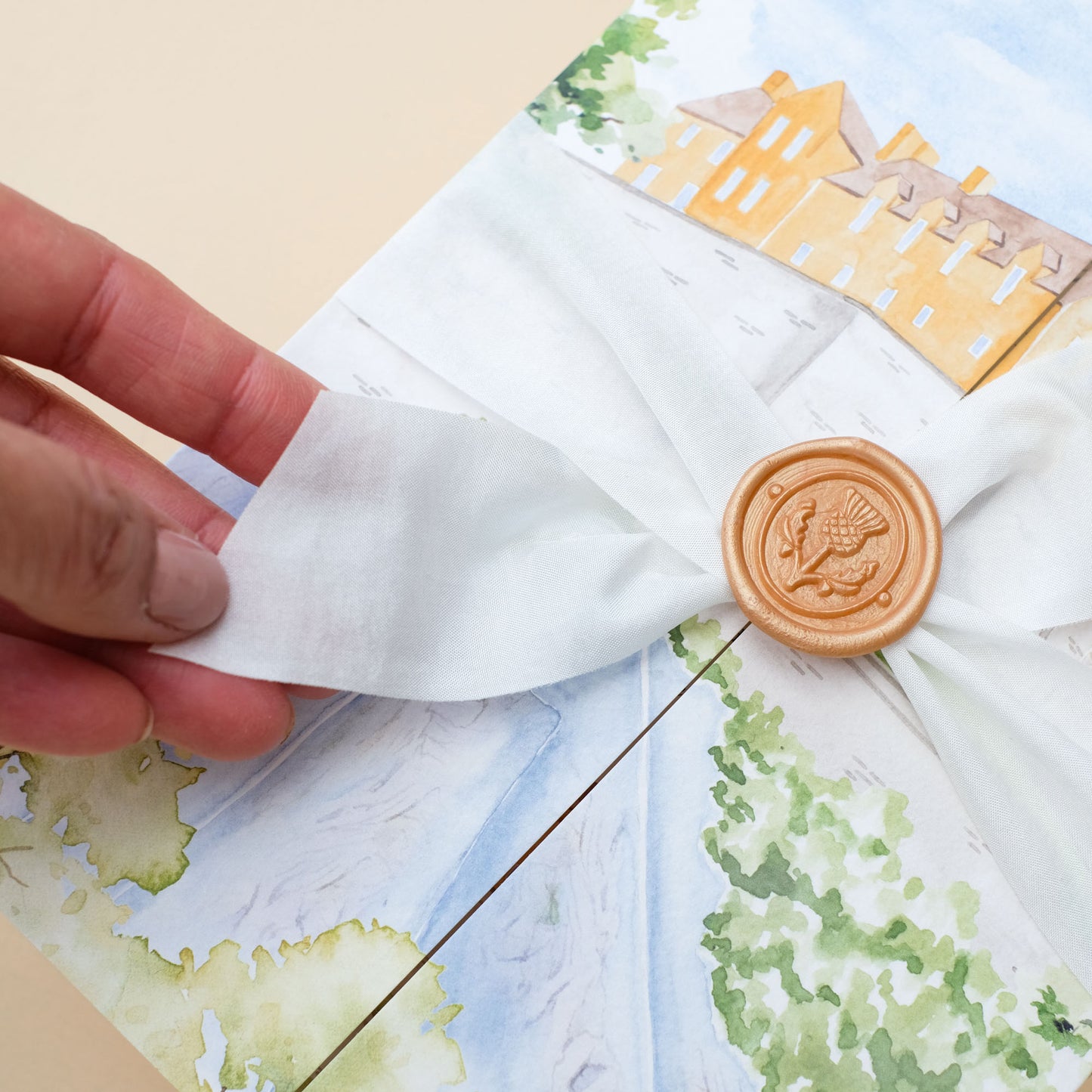 Edinburgh Castle wedding invitation with ribbon and wax seal