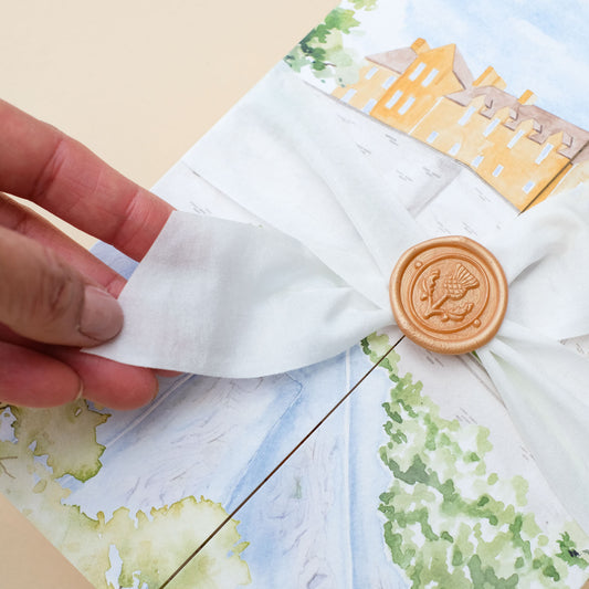 Edinburgh Castle wedding invitation with ribbon and wax seal