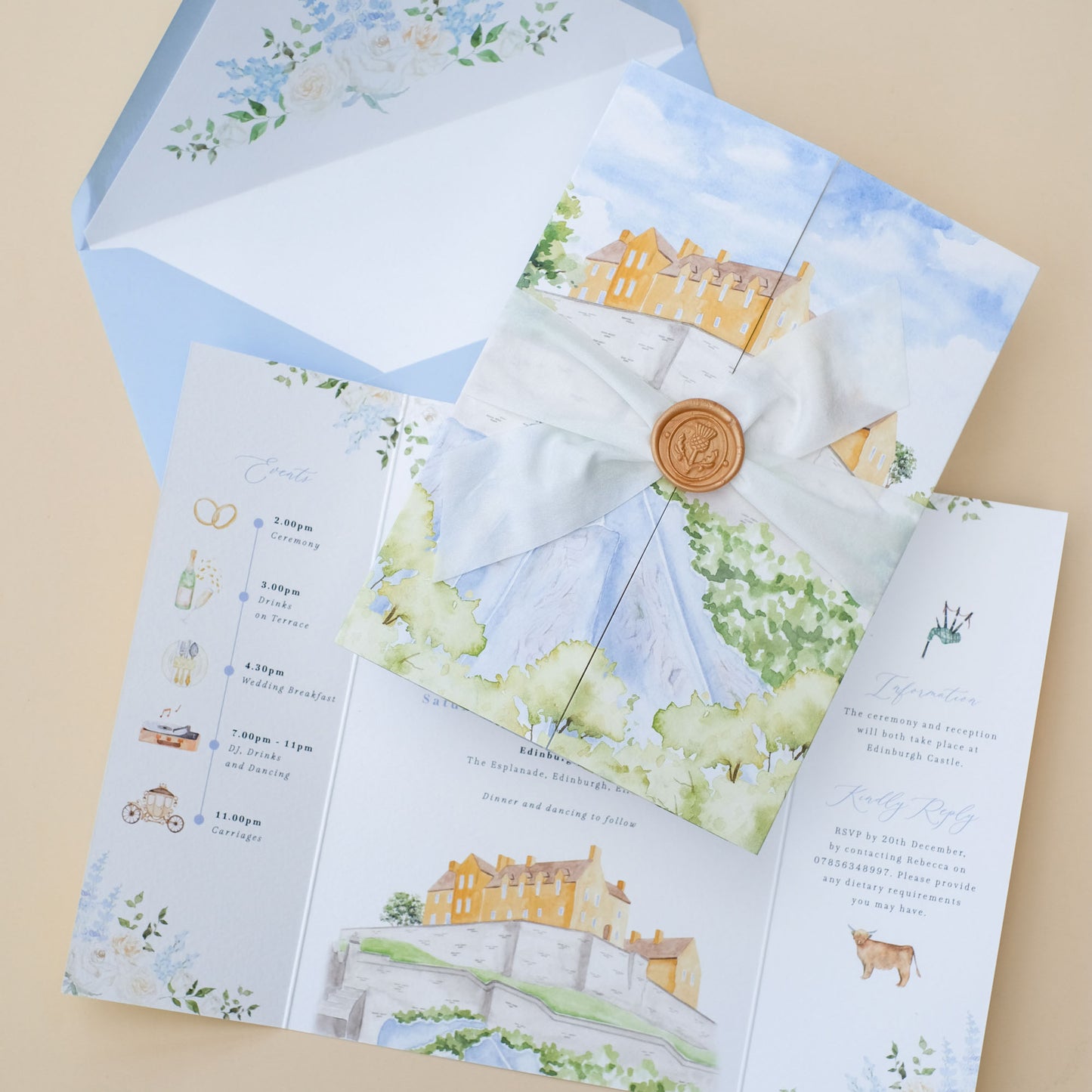 Folded wedding invitation with illustration of Edinburgh Castle, wedding information and order of events