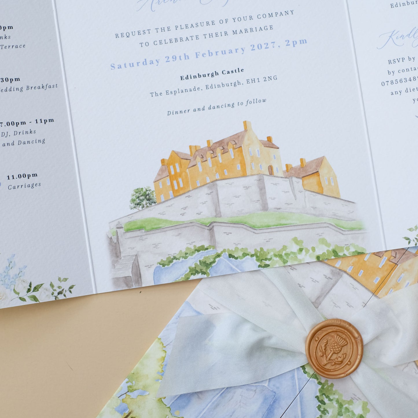 Edinburgh Castle watercolour illustrated wedding invitation