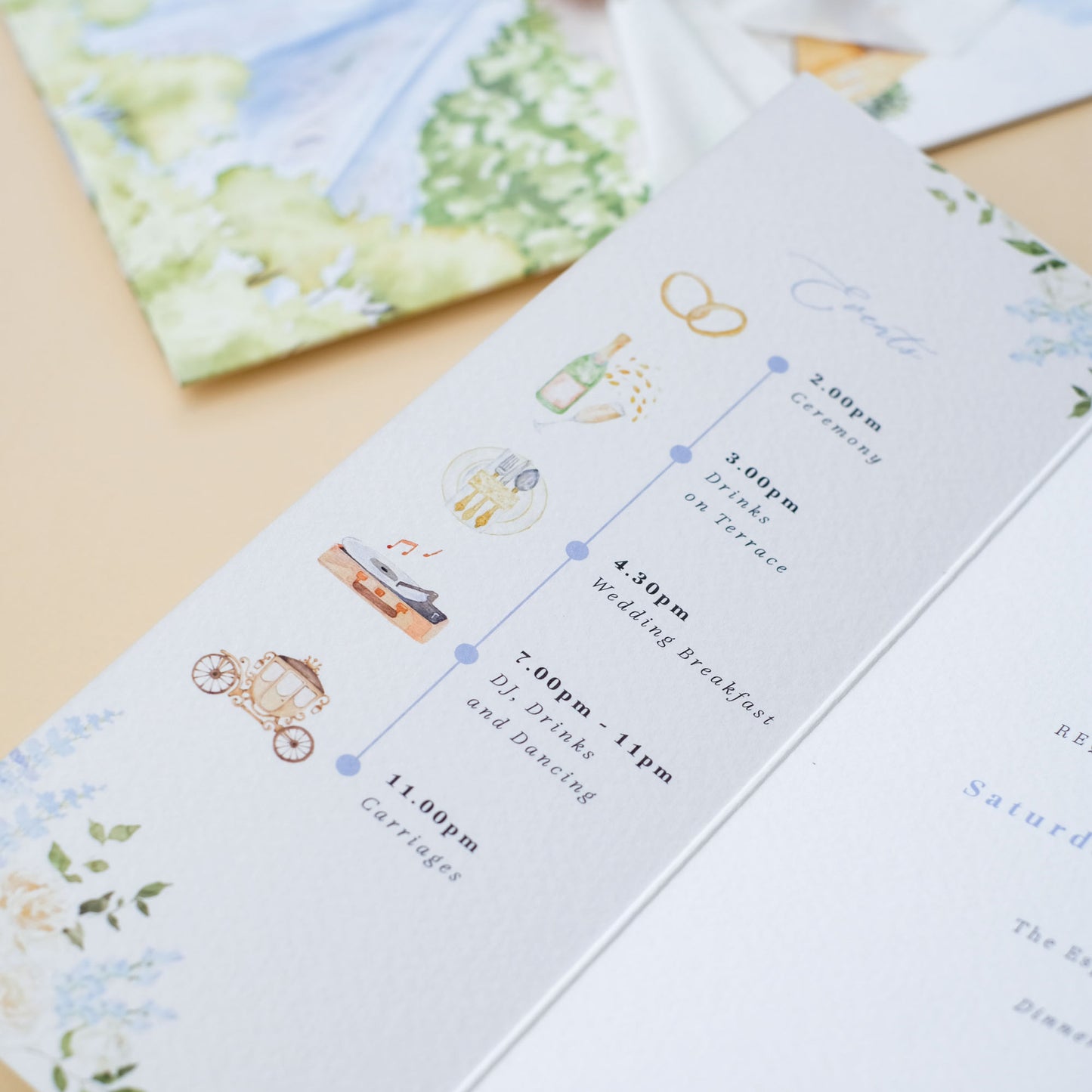 Edinburgh Castle wedding invitation with order of events and floral design