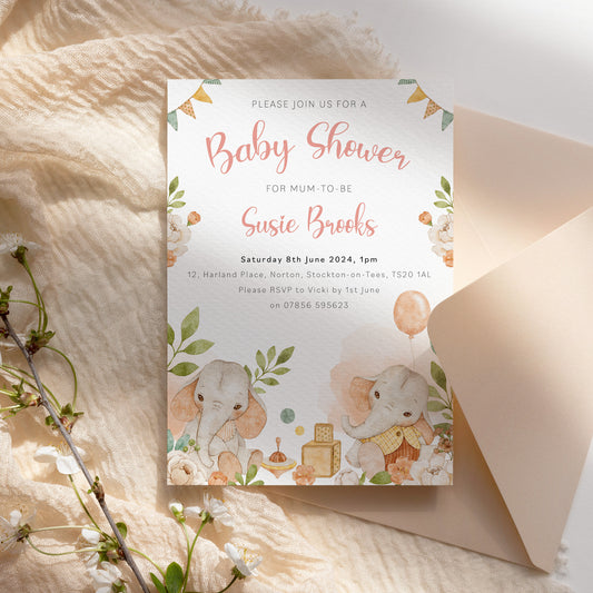 Elephant Baby Shower Invitation With Watercolour Elephants