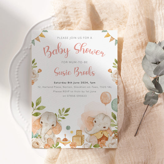 Elephant Baby Shower Invitation With Watercolour Elephants