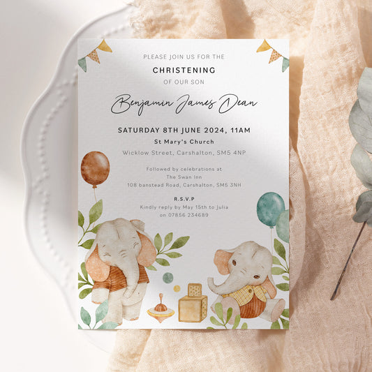 Elephant Christening Invitation With Watercolour Elephants