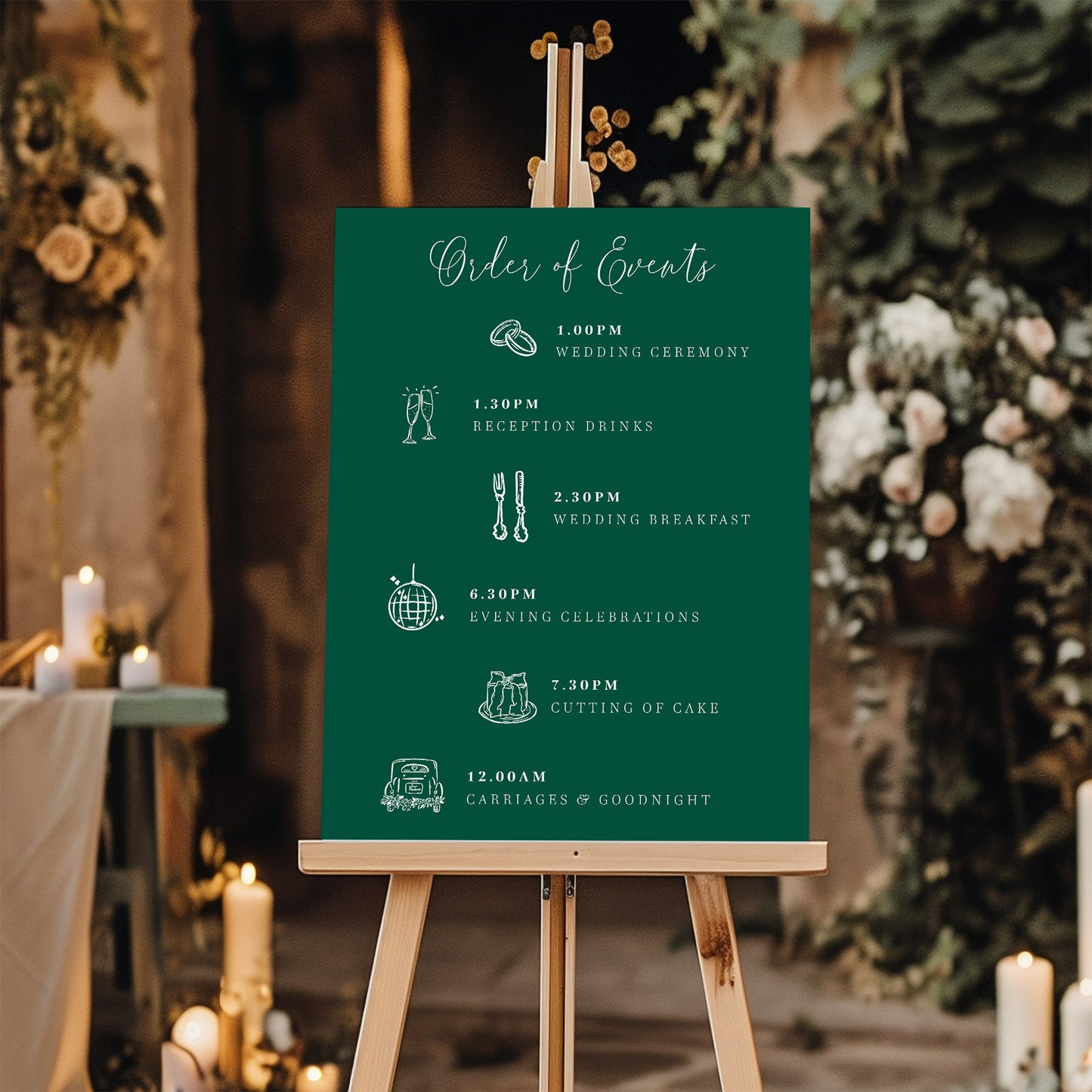 emerald green wedding order of events sign