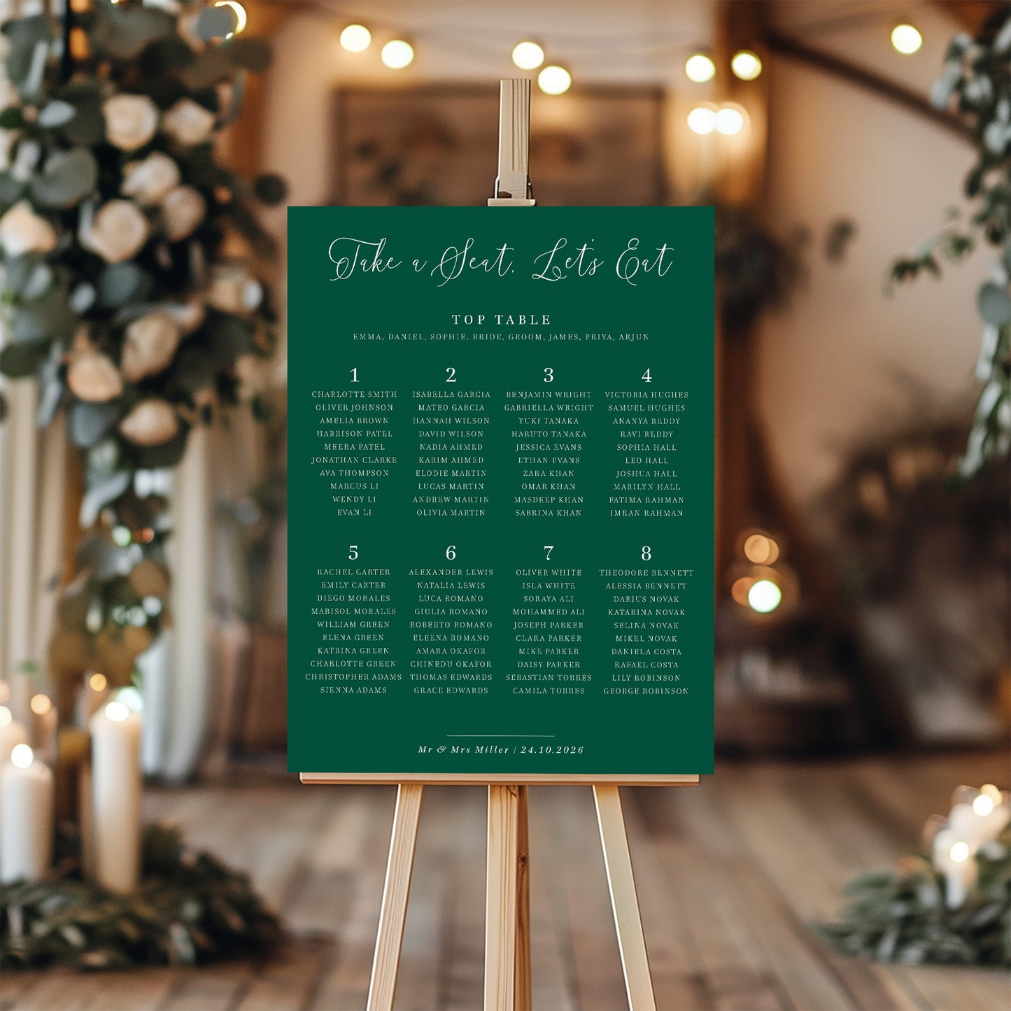 emerald green wedding table plan sign