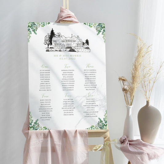 Eucalyptus Sage Foliage Table Plan With Venue Drawing