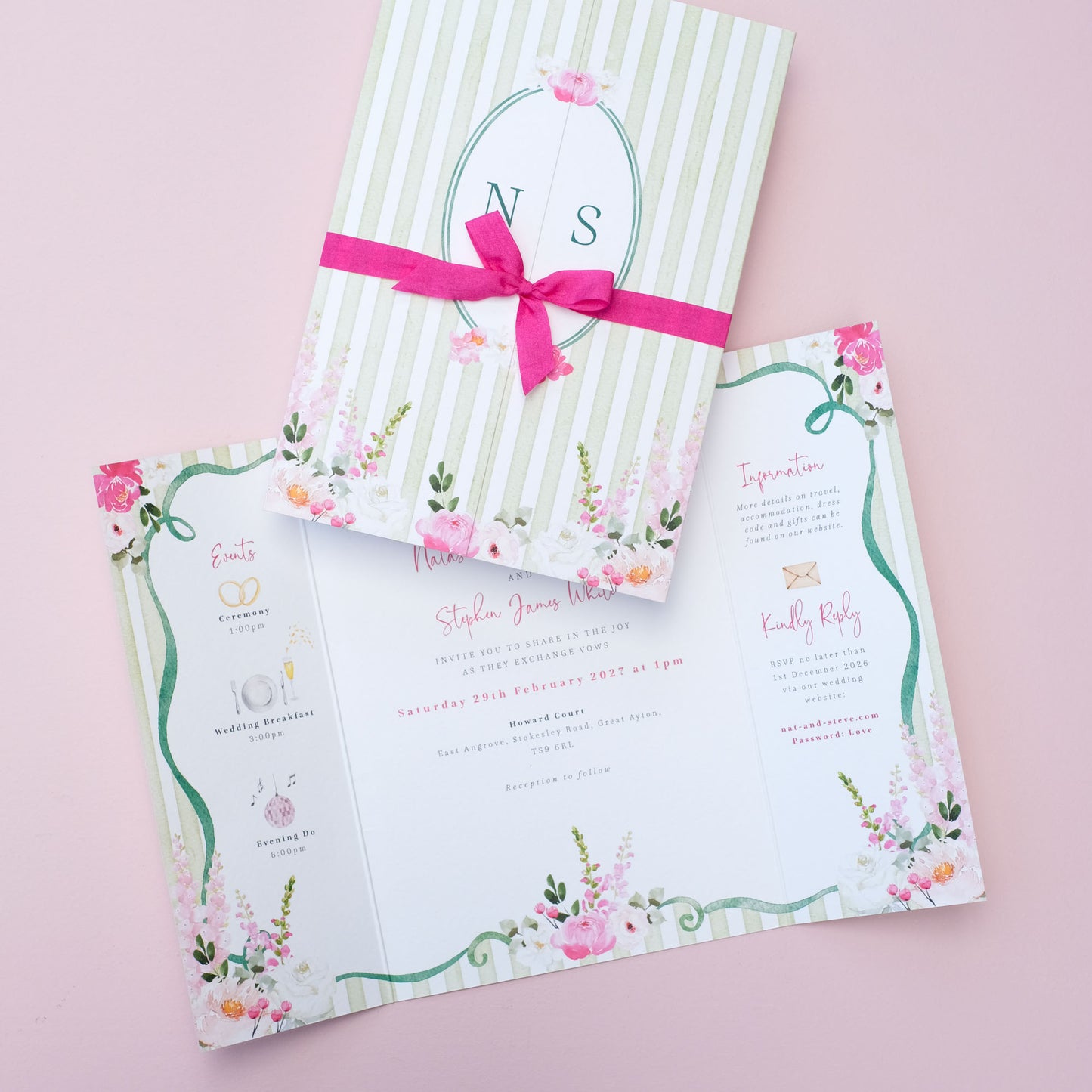 green stripe wedding invitations with large peonies, roses, snapdragons and delphiniums