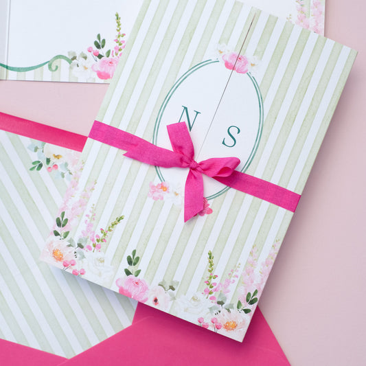 green stripe wedding invitations with large peonies, roses, snapdragons and delphiniums