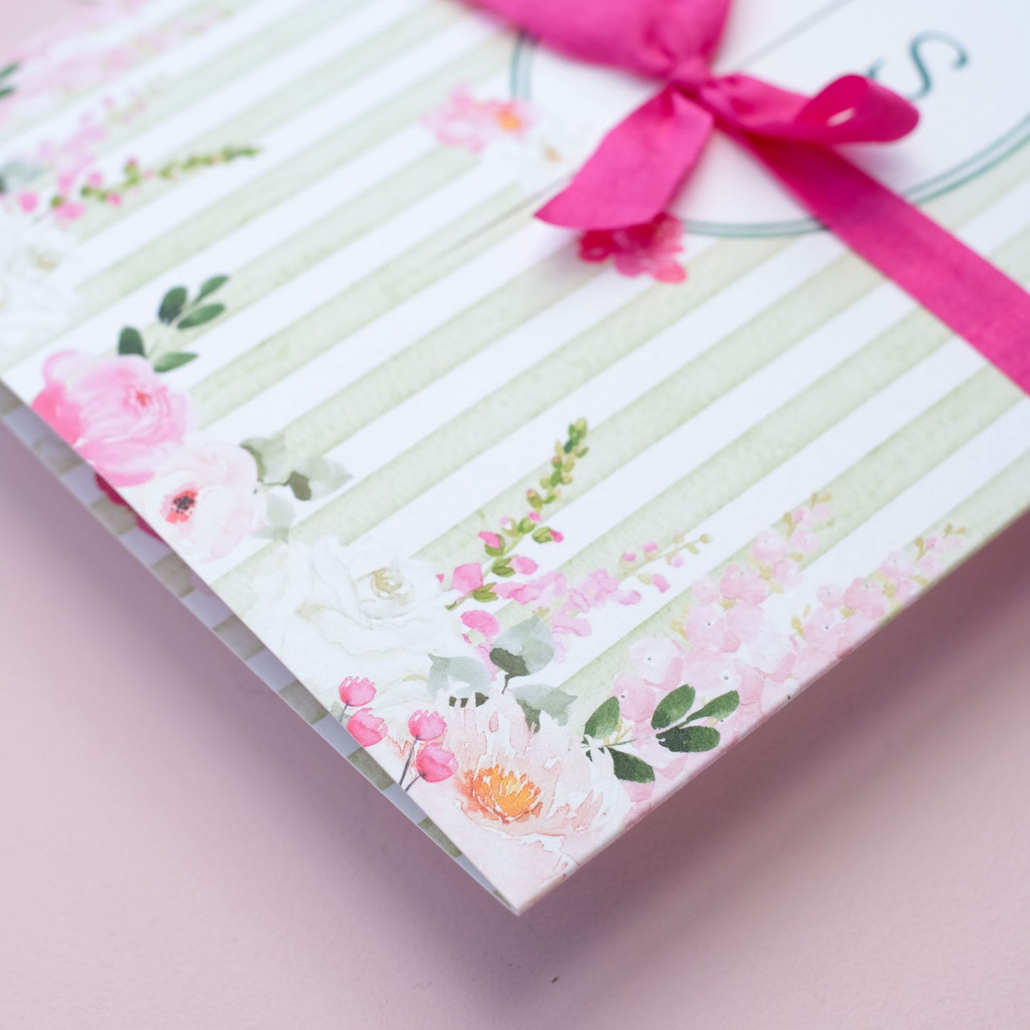 green stripe wedding invitations with large peonies, roses, snapdragons and delphiniums