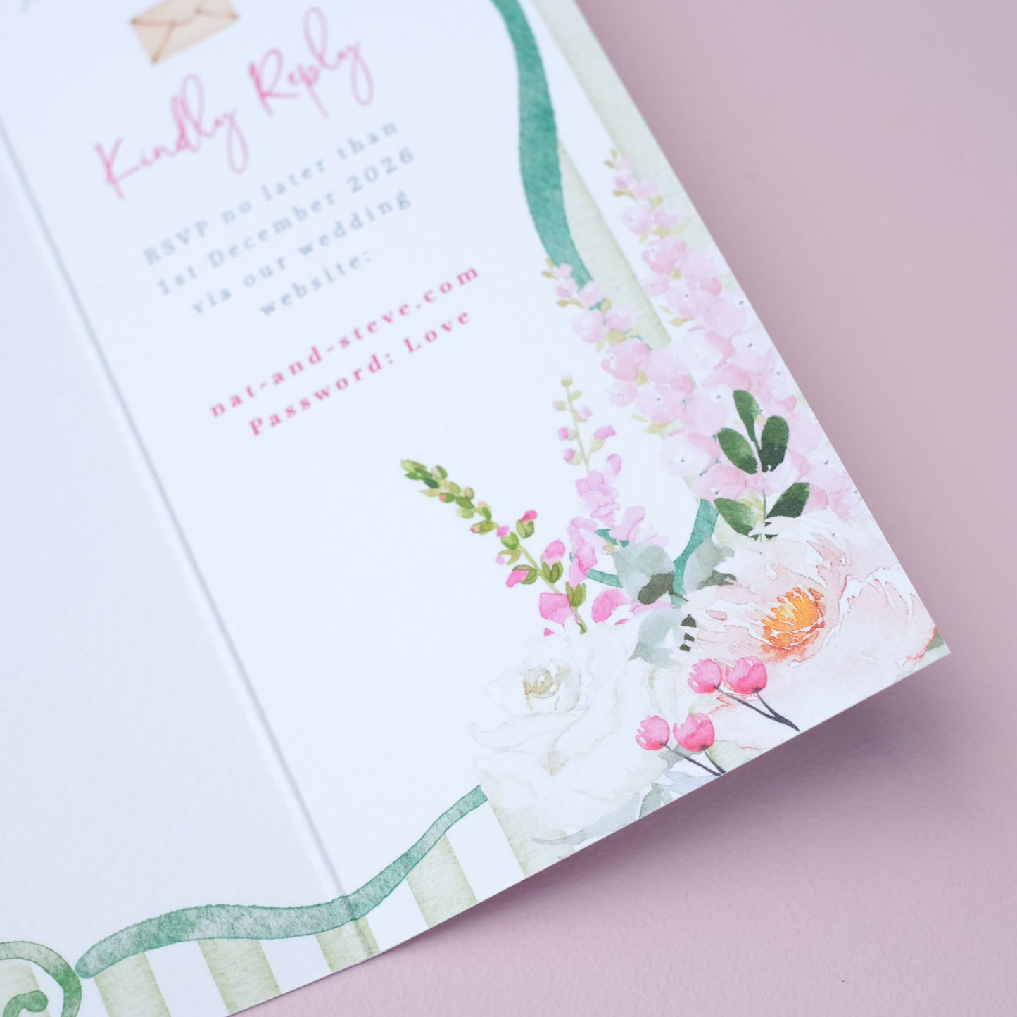 green stripe wedding invitations with large peonies, roses, snapdragons and delphiniums