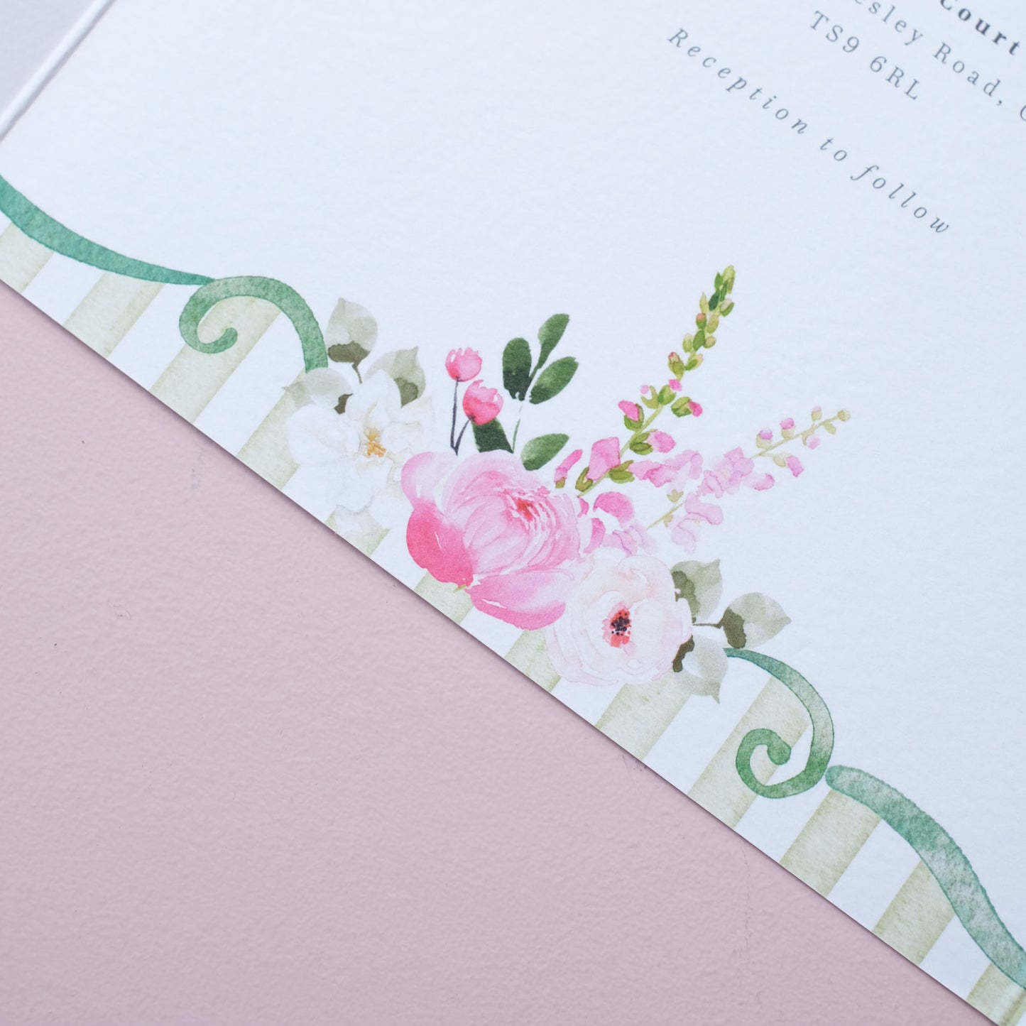 green stripe wedding invitations with large peonies, roses, snapdragons and delphiniums