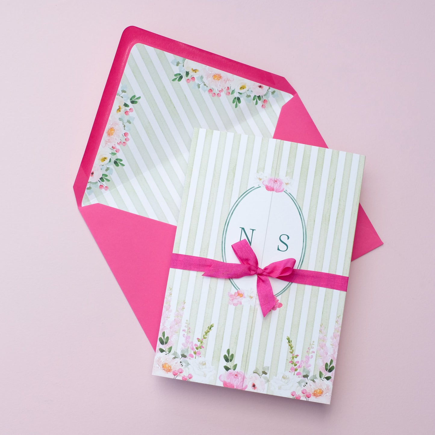 green stripe wedding invitations with large peonies, roses, snapdragons and delphiniums