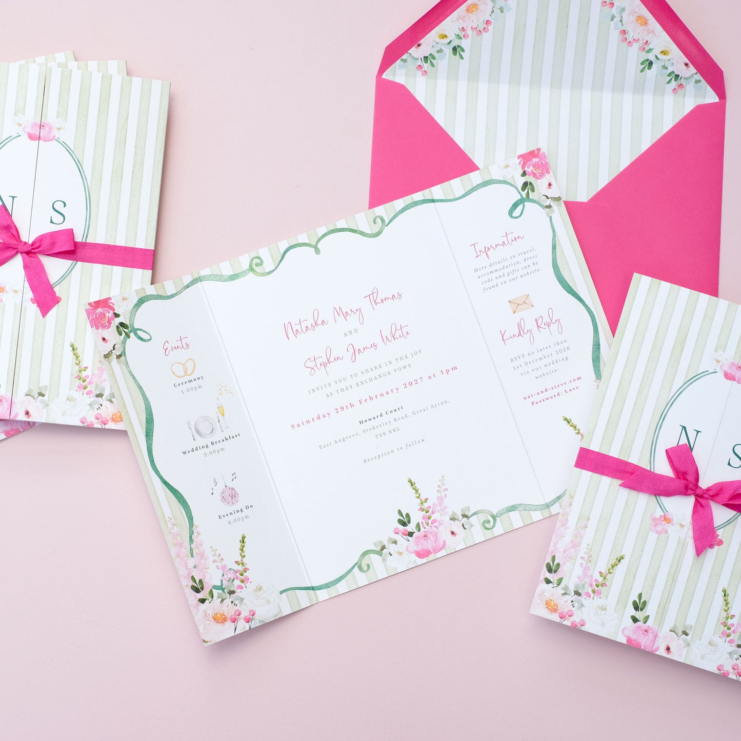 green stripe wedding invitations with large peonies, roses, snapdragons and delphiniums