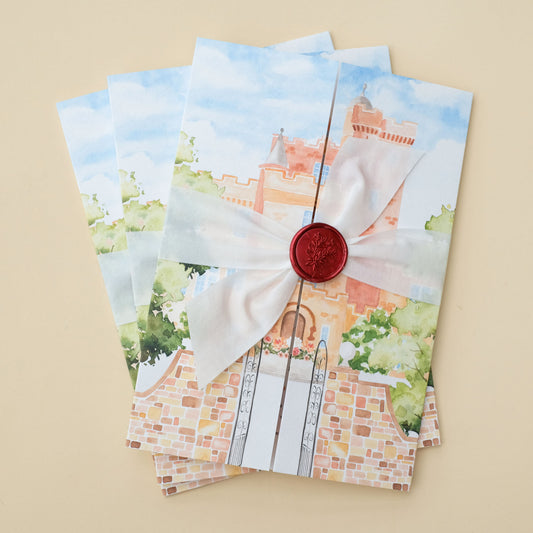 Glenapp Castle folded wedding invitation with ribbon and wax seal