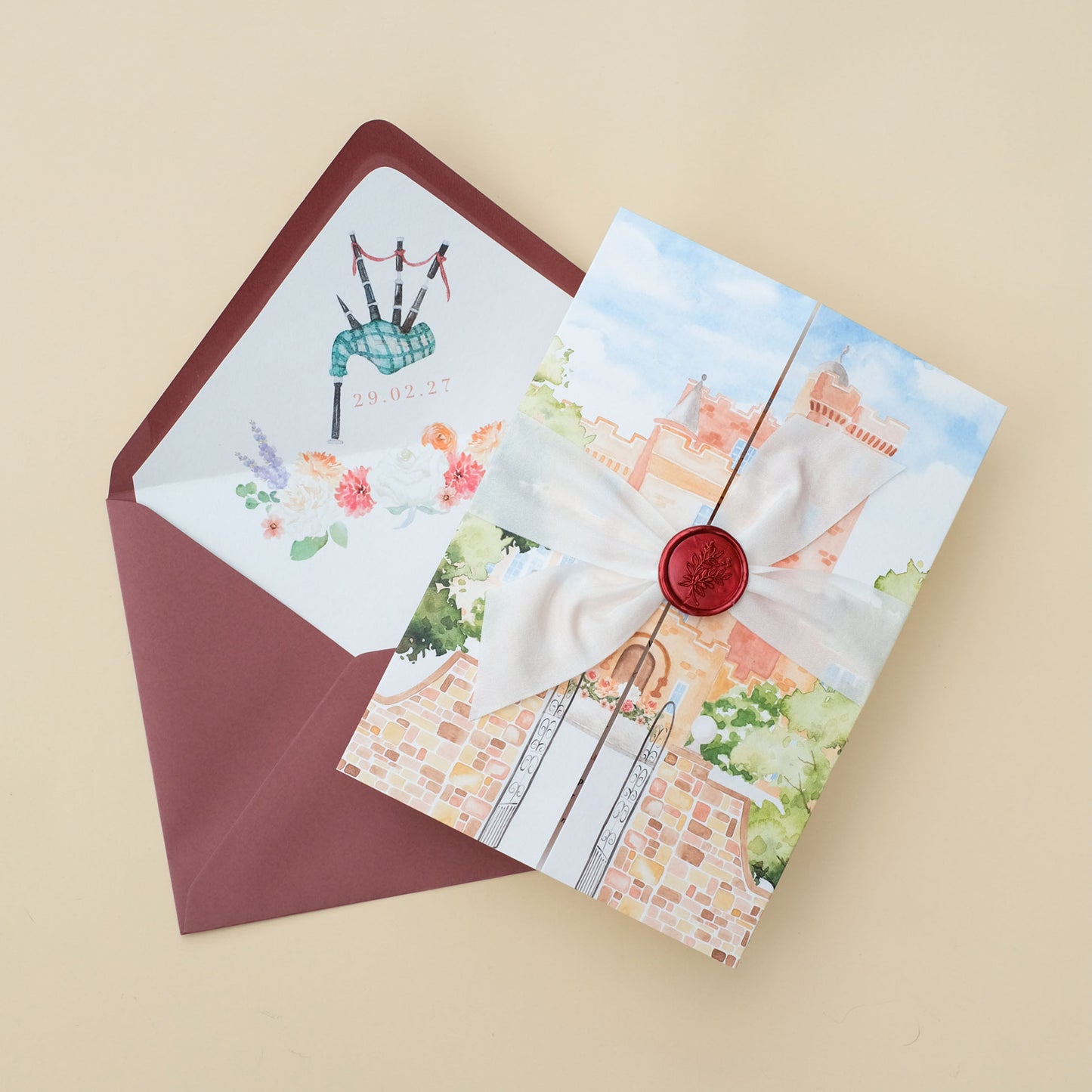 Glenapp Castle wedding invitation with illustrated envelope lining and wax seal ribbon