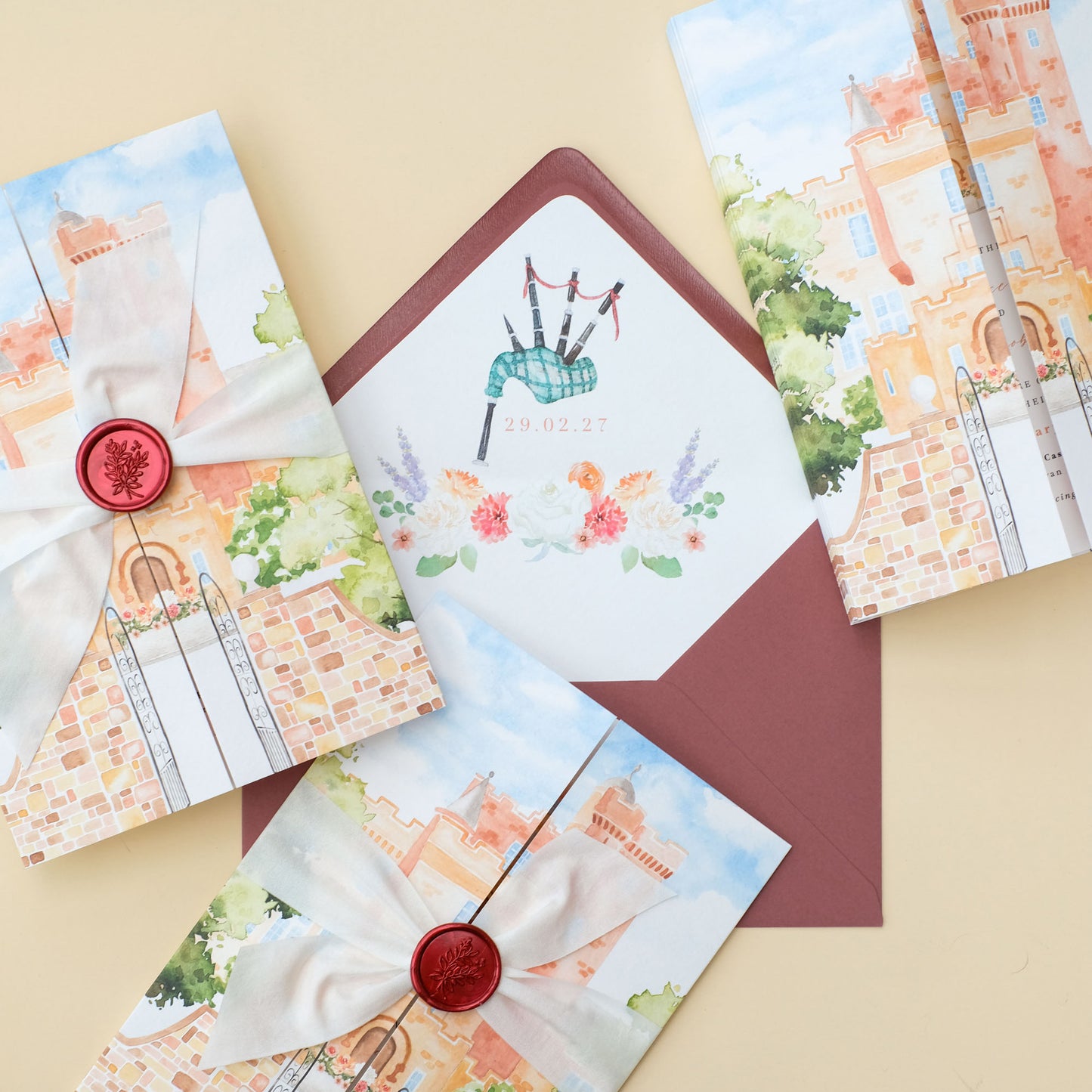 Glenapp Castle illustrated wedding invitation with gatefold, ribbon, wax seal and illustrated envelope liner