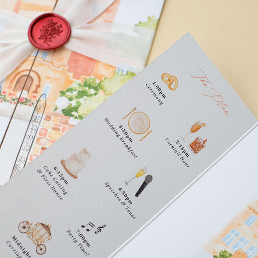 Glenapp Castle folded wedding invitation with order of the day with illustrations