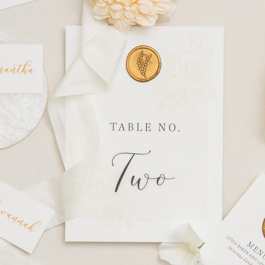 Table Number With Vellum And Gold Wax Seal