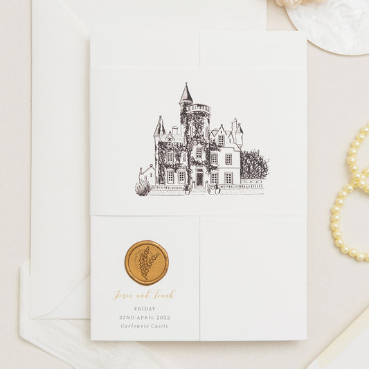 Castle Wedding Invitation With Gold Wax Seal