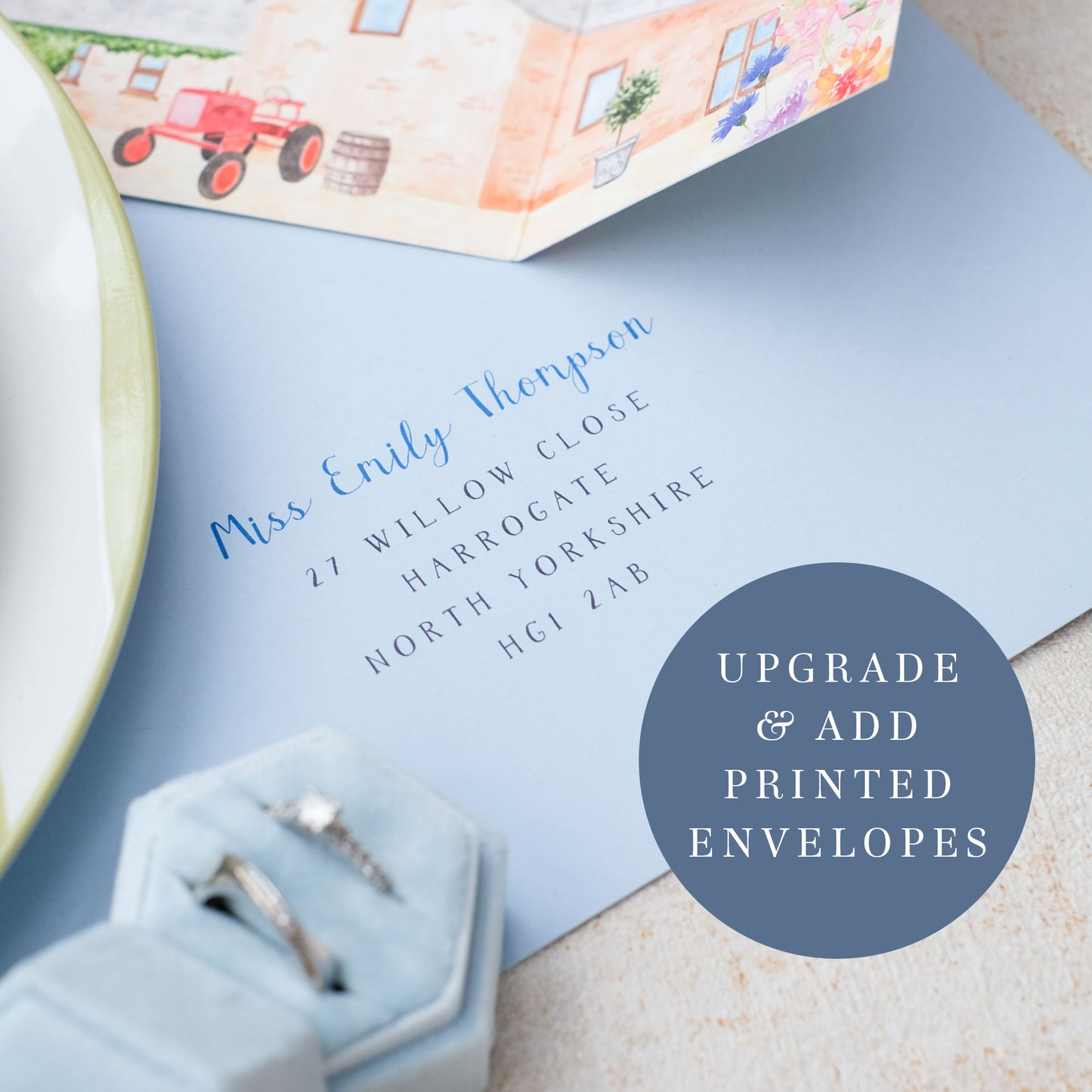 Custom Farm wedding invitations with printed envelopes