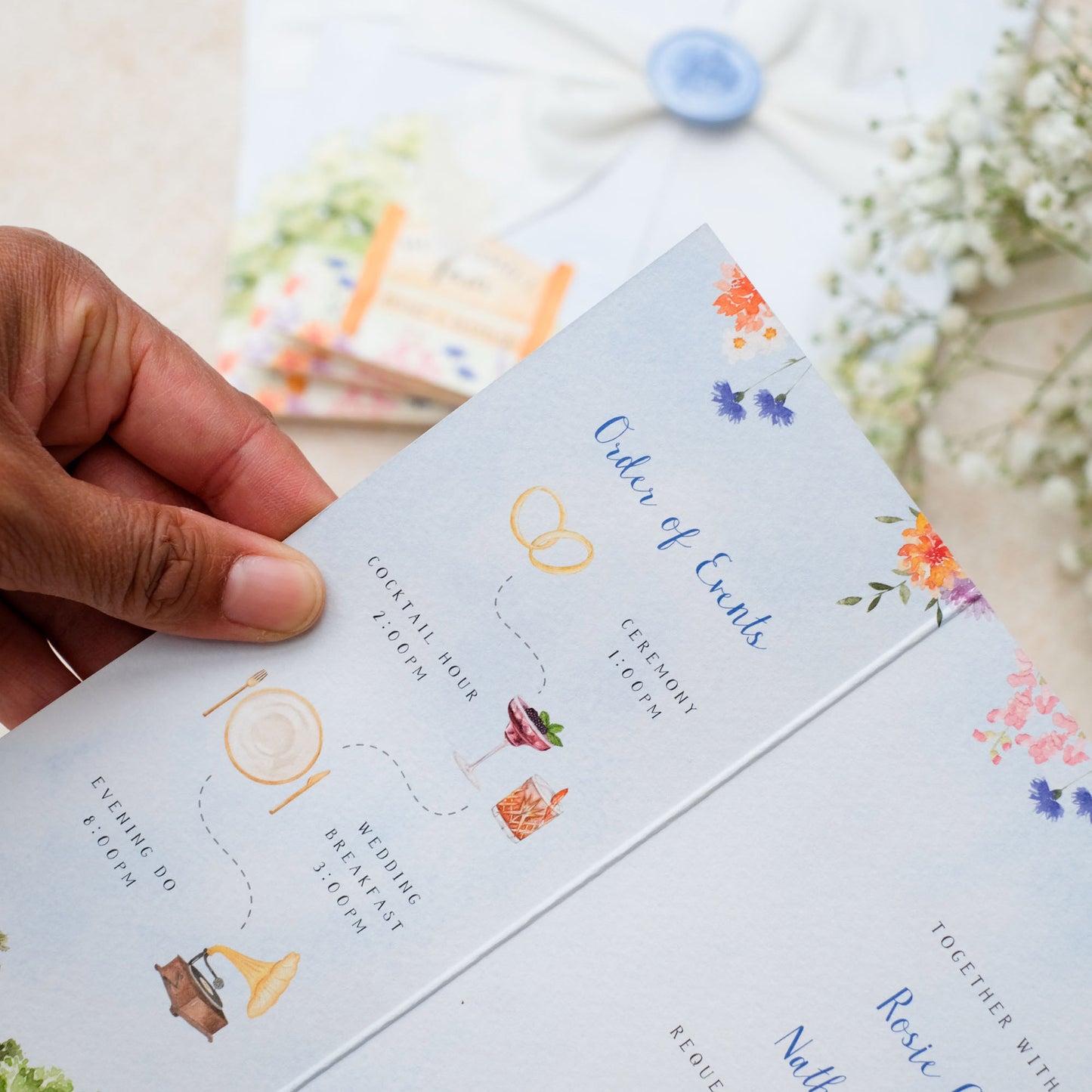 Custom Farm wedding invitations with order of events