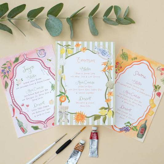 Hand painted wedding menu, decorative border with illustrated ingredients
