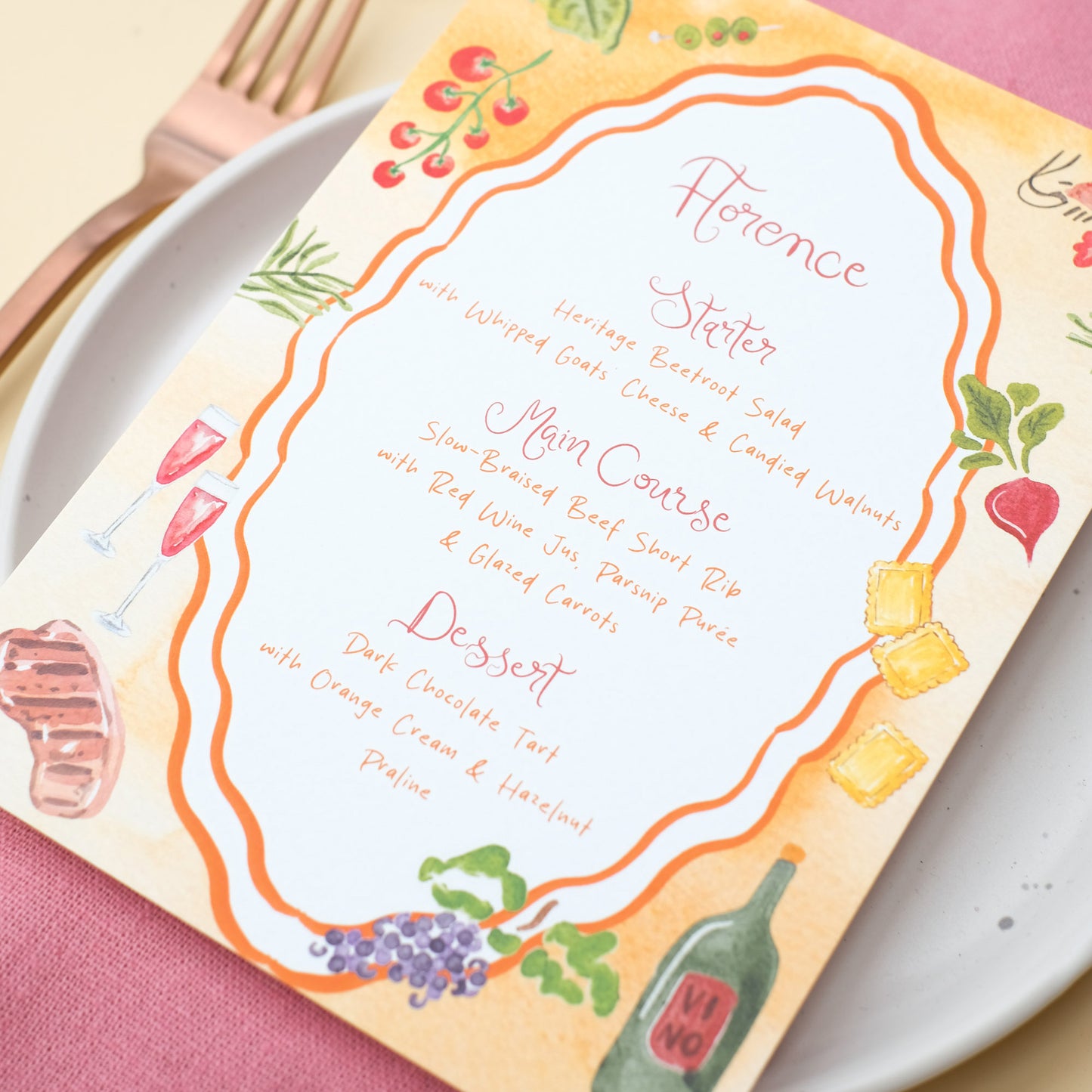 Hand painted wedding menu, decorative border with illustrated ingredients