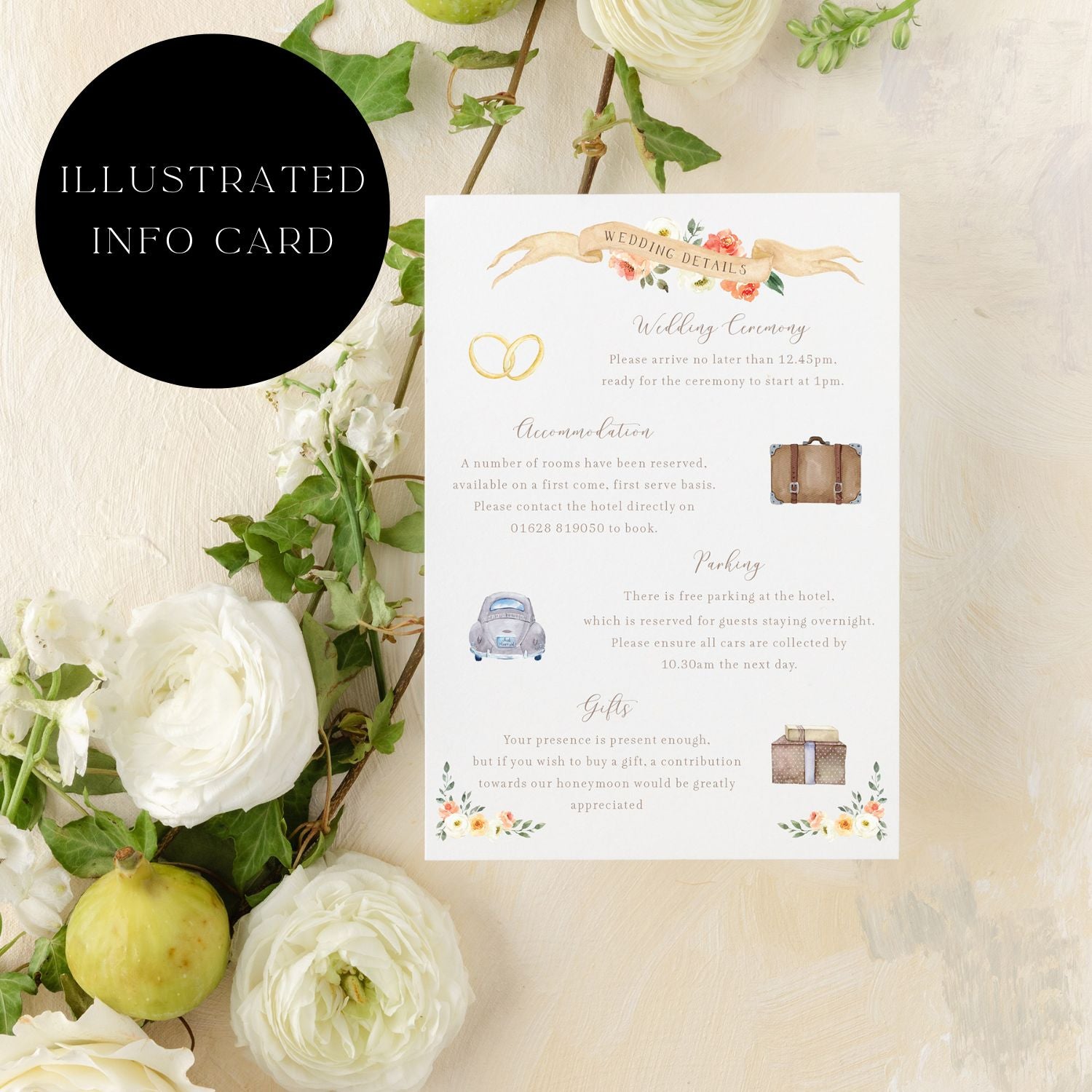 peach and cream wedding details card