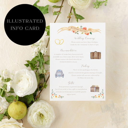 peach and cream wedding details card