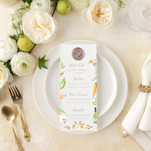 Illustrated wedding menu with wax seal and food illustrations