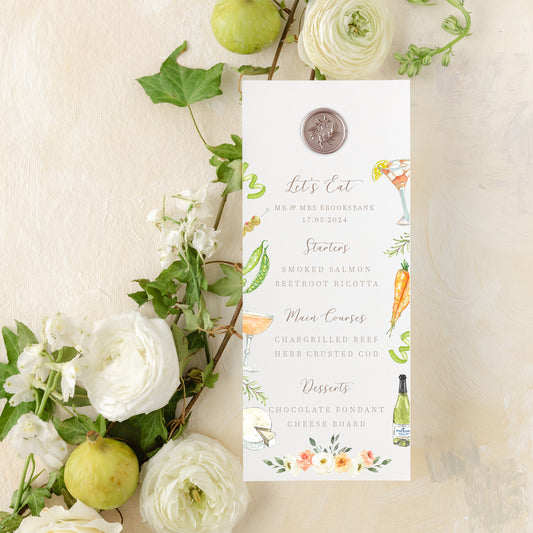 Illustrated wedding menu with wax seal. food and floral illustrations