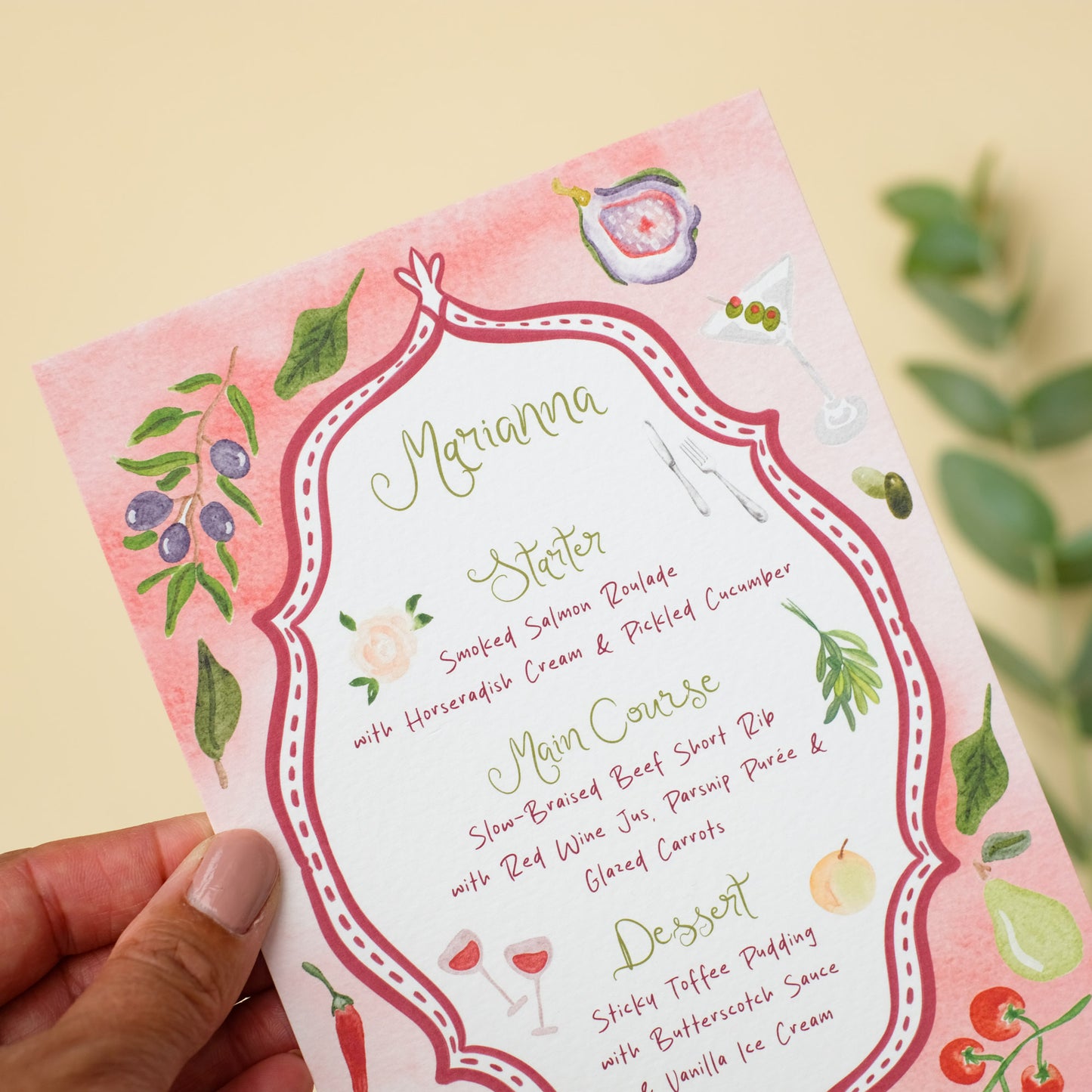 Hand painted wedding menu, decorative border with illustrated ingredients