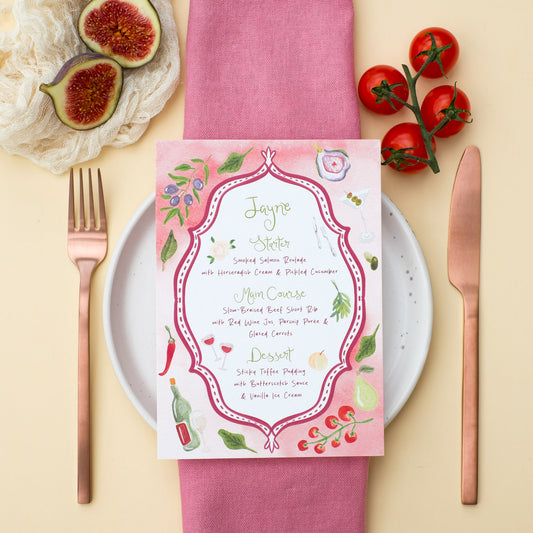Hand painted wedding menu, decorative border with illustrated ingredients