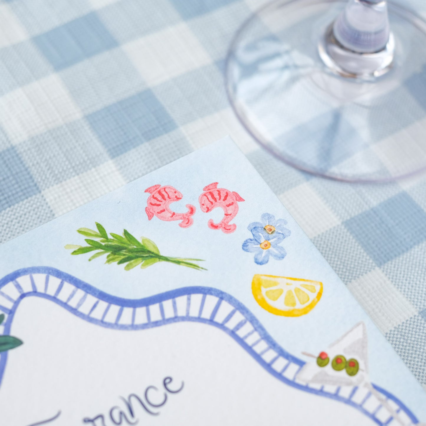 Hand painted wedding menu with shrimps and lemons