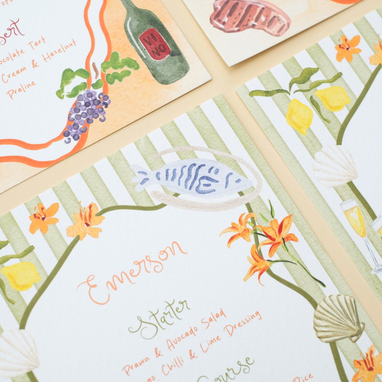Hand painted wedding menu, decorative border with illustrated ingredients