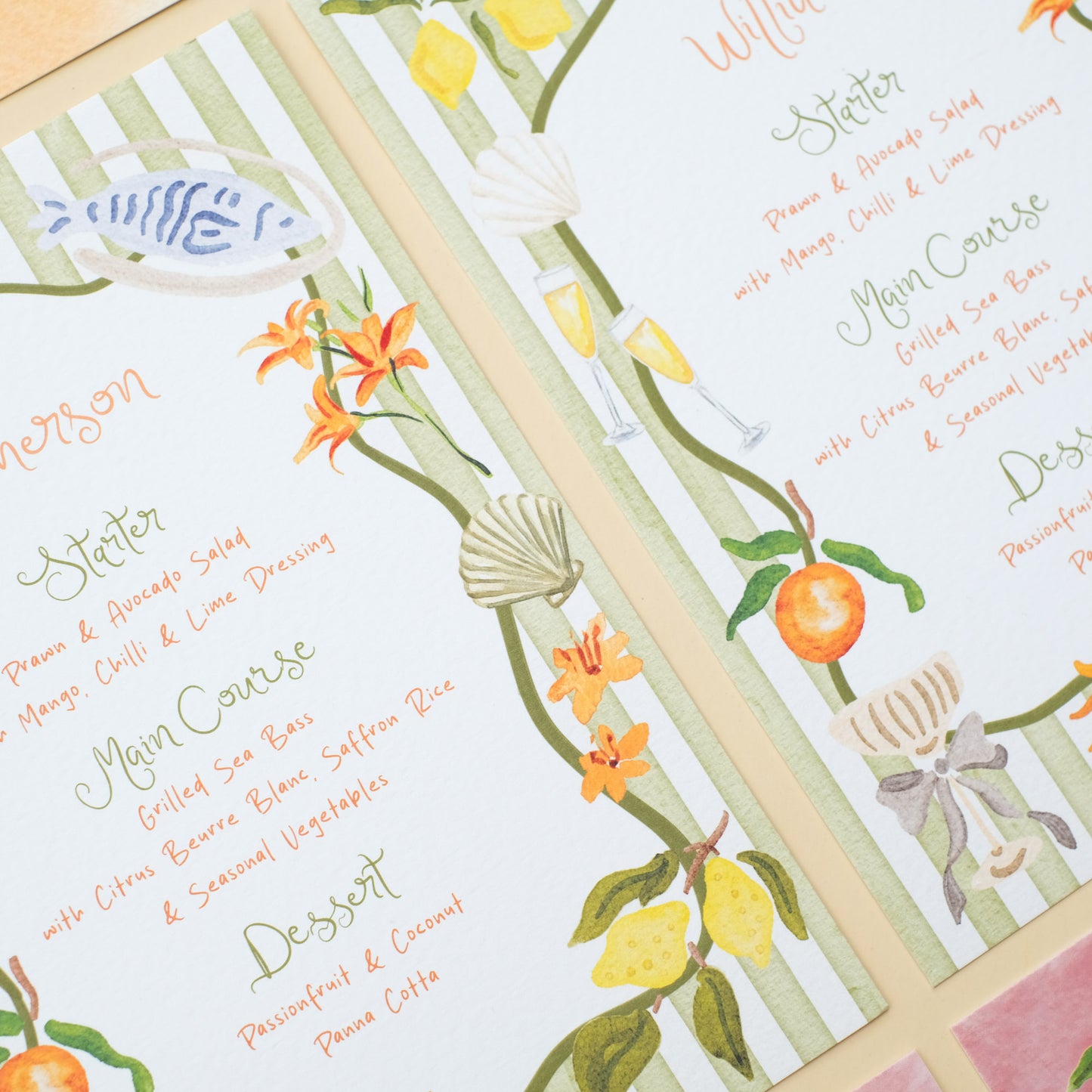 Hand painted wedding menu, decorative border with illustrated ingredients