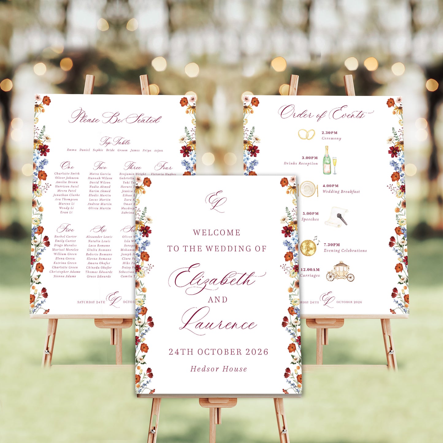 autumn wildflower wedding sign bundle deep red, burnt orange, mustard and cornflower blue welcome sign table plan order of events